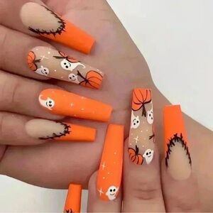 01 Halloween Press-On Nails Set - Long Coffin Shape Matte Orange Pumpkin 24pcs